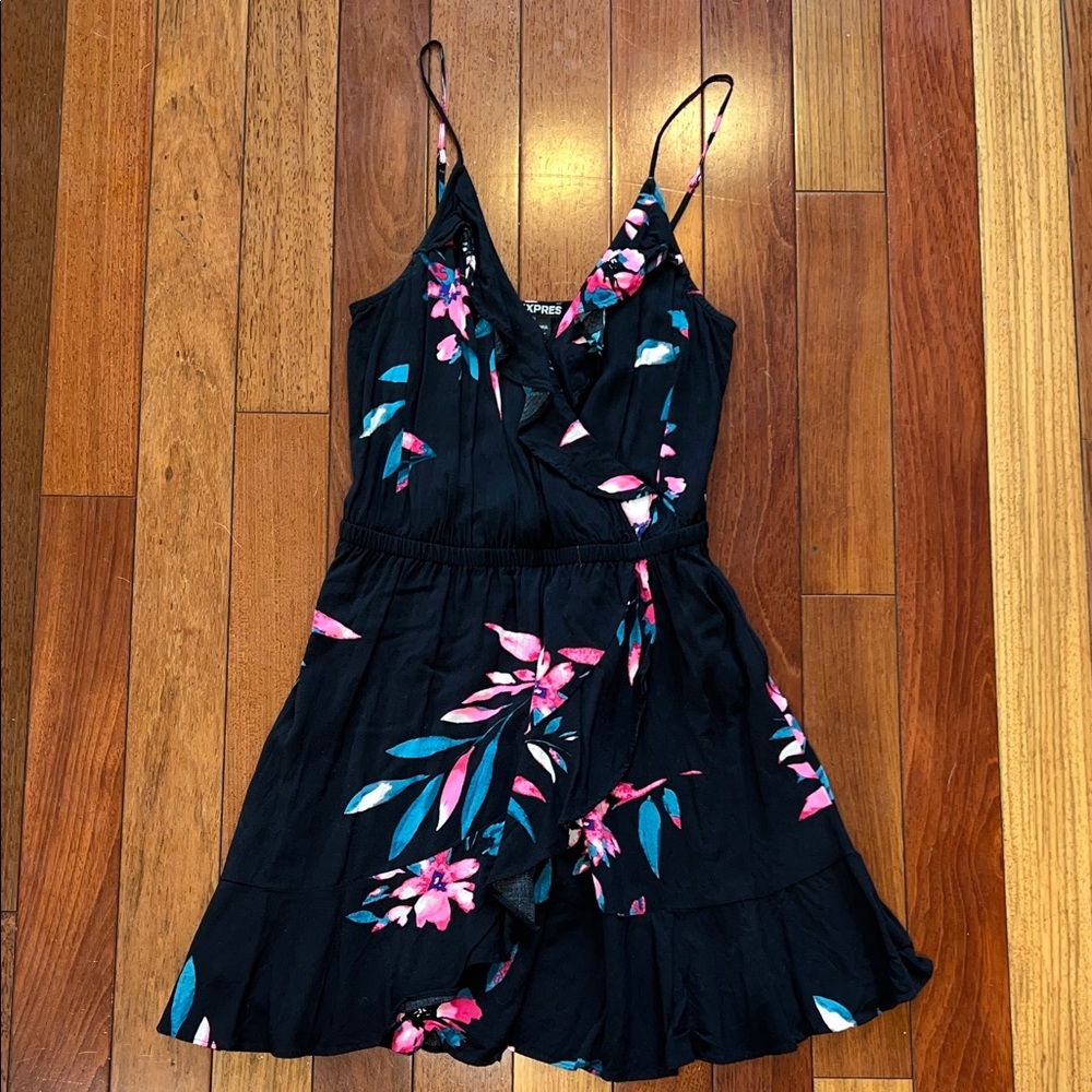 Express Black Floral Dress with Pink & Teal Accents